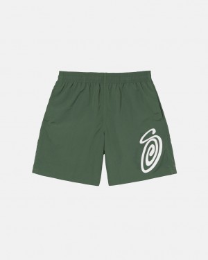 Men Stussy Curly S Water Short Swimwear Olive Australia | BWM-9022