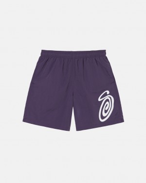 Men Stussy Curly S Water Short Swimwear Purple Australia | COA-9771