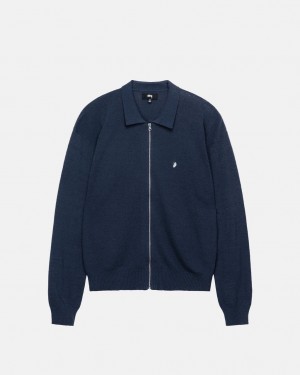 Men Stussy Light Weight Ls Zip Polo Shirts Navy Australia | KXE-5850