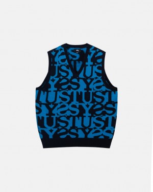 Men Stussy Stacked Sweater Vest Sweaters Dark Navy Australia | GUU-9291