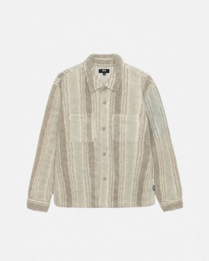 Men Stussy Striped Sherpa Shirt Jackets Beige Australia | KAR-8955