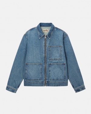 Men Stussy Zip Work Jacket Denim Blue Australia | NLT-7146