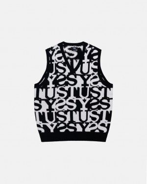 Women Stussy Stacked Sweater Vest Sweaters White / Black Australia | DMR-1024