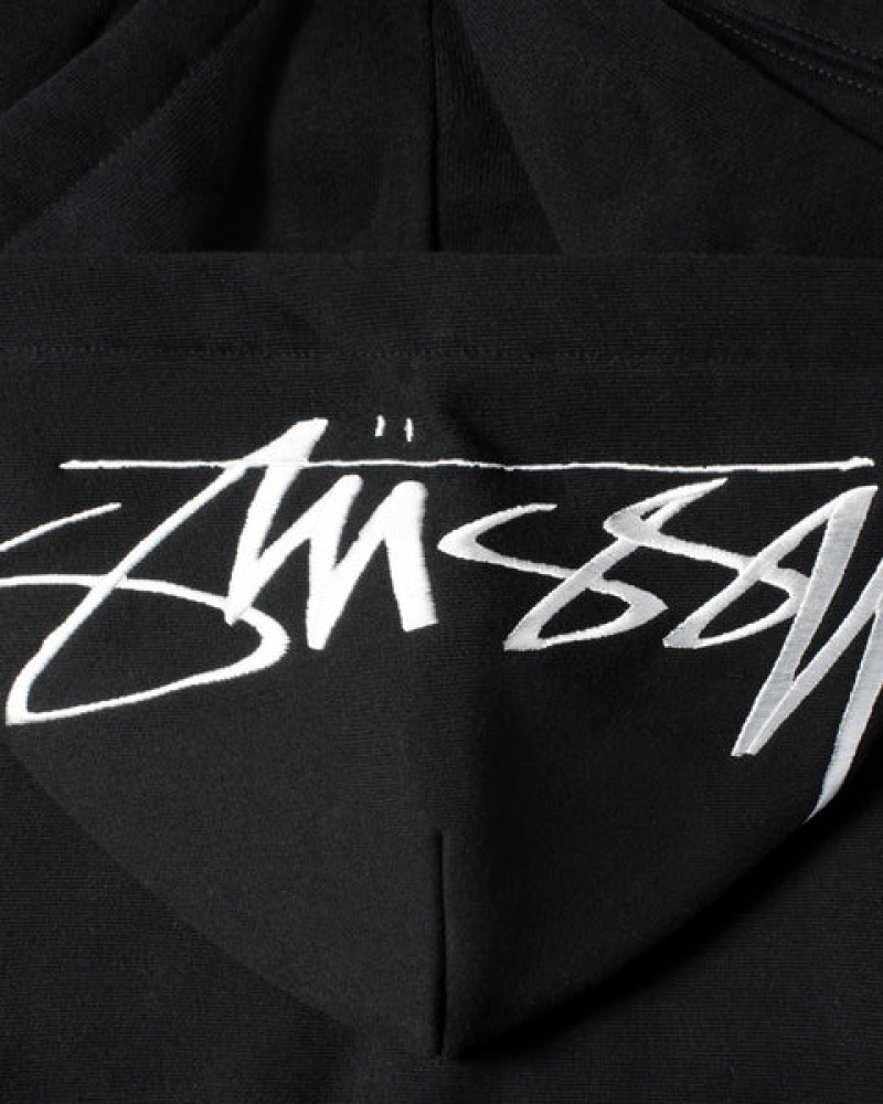 Men Stussy Back Hood Applique Hoodie Black Australia | JWQ-7190