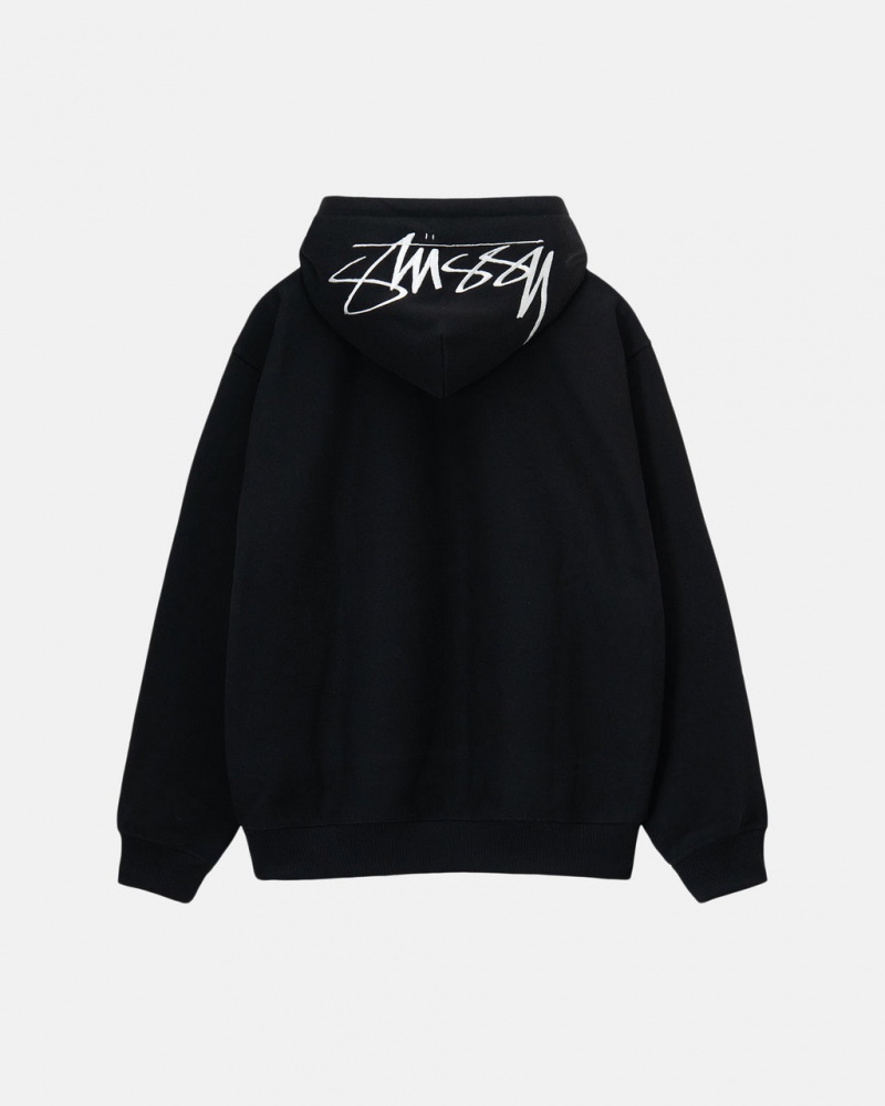 Men Stussy Back Hood Applique Hoodie Black Australia | JWQ-7190