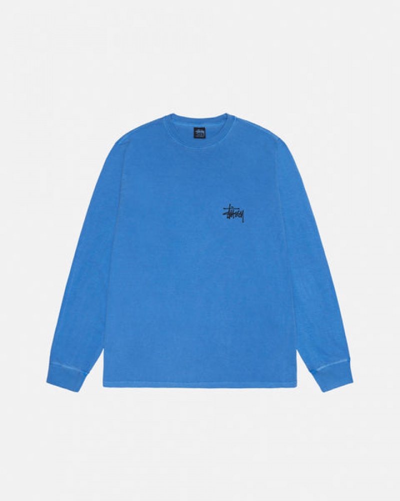 Men Stussy Basic Stussy LS Tee Pigment Dyed T Shirt Blue Australia | DGQ-1767