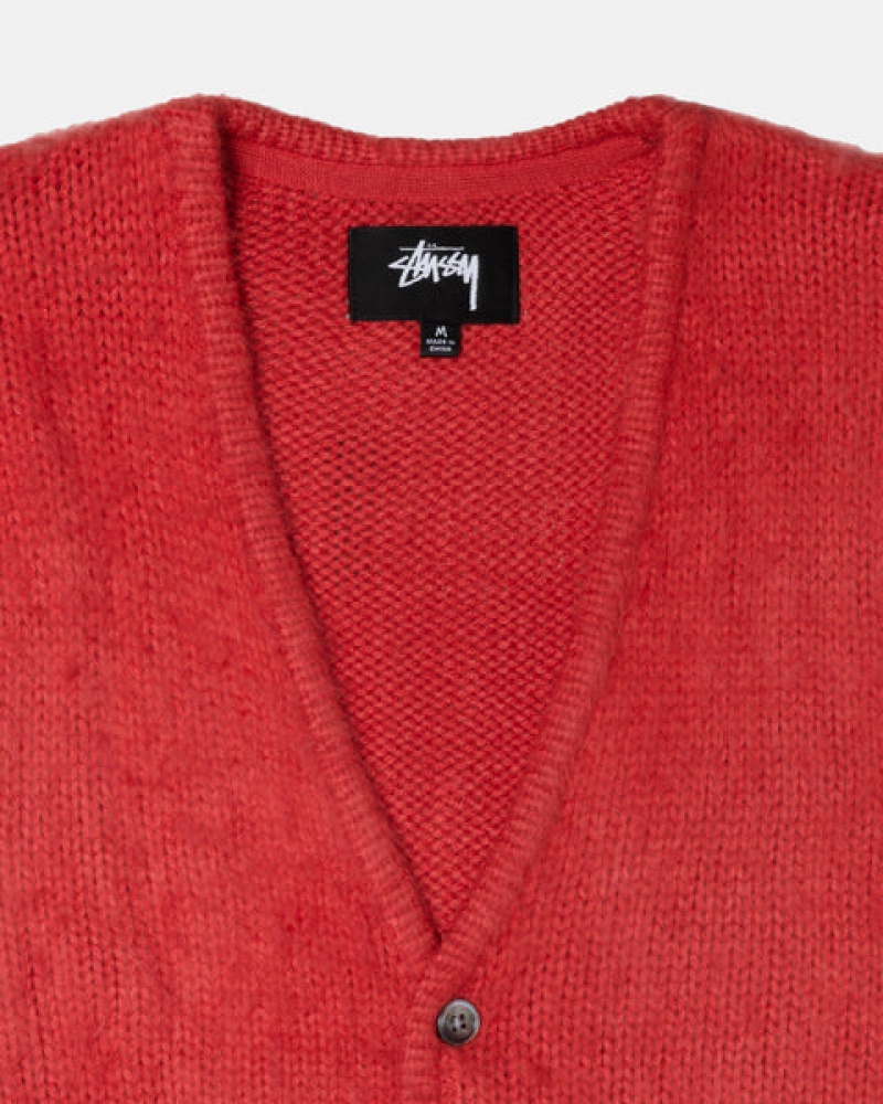 Men Stussy Brushed Cardigan Sweaters Red Australia | SIE-8419