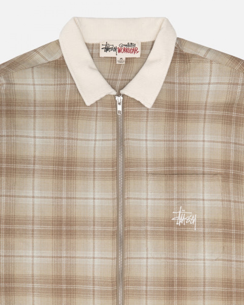 Men Stussy Frank Plaid Zip Shirts Brown Australia | JXP-7506