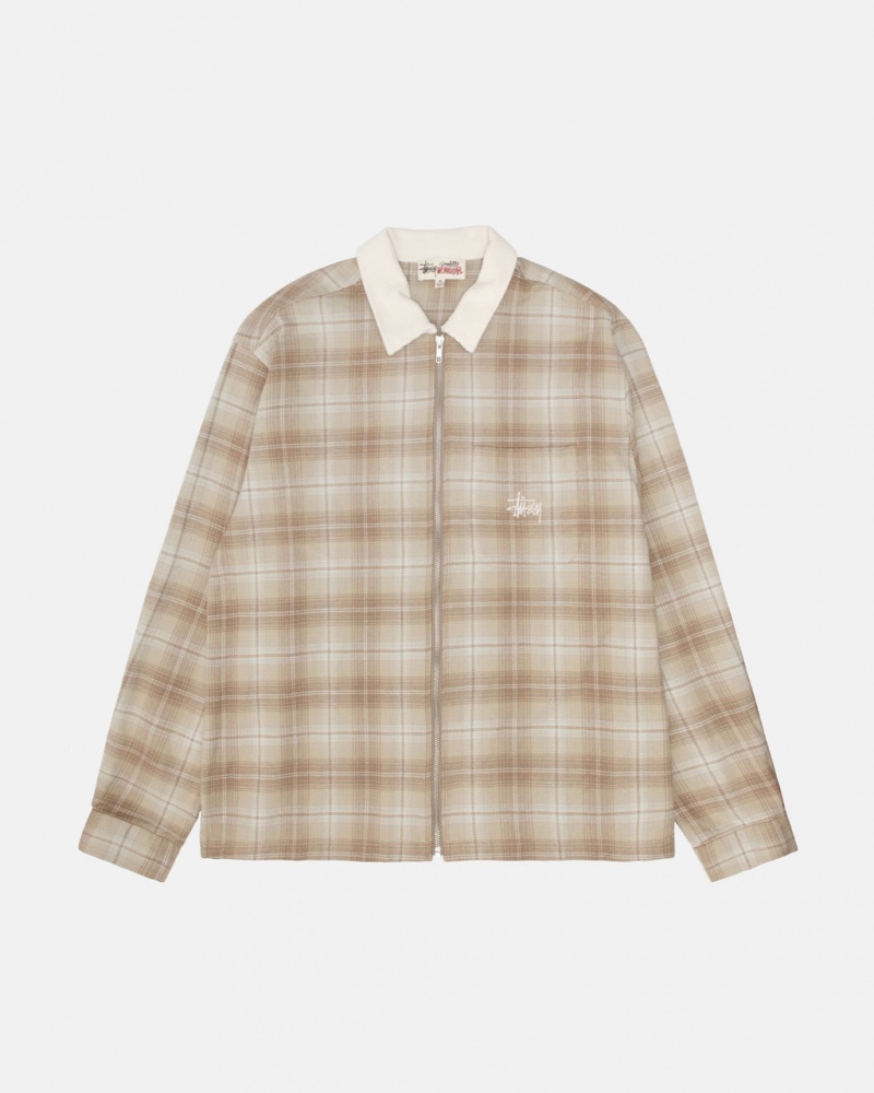 Men Stussy Frank Plaid Zip Shirts Brown Australia | JXP-7506