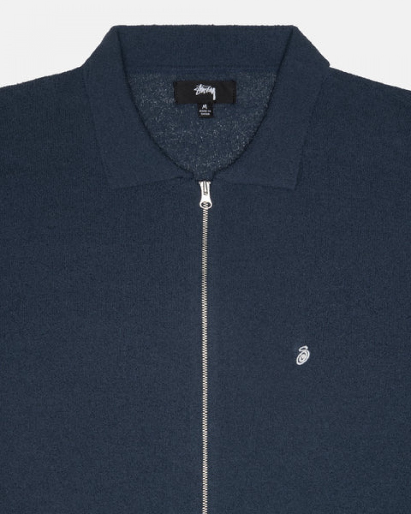 Men Stussy Light Weight Ls Zip Polo Shirts Navy Australia | KXE-5850