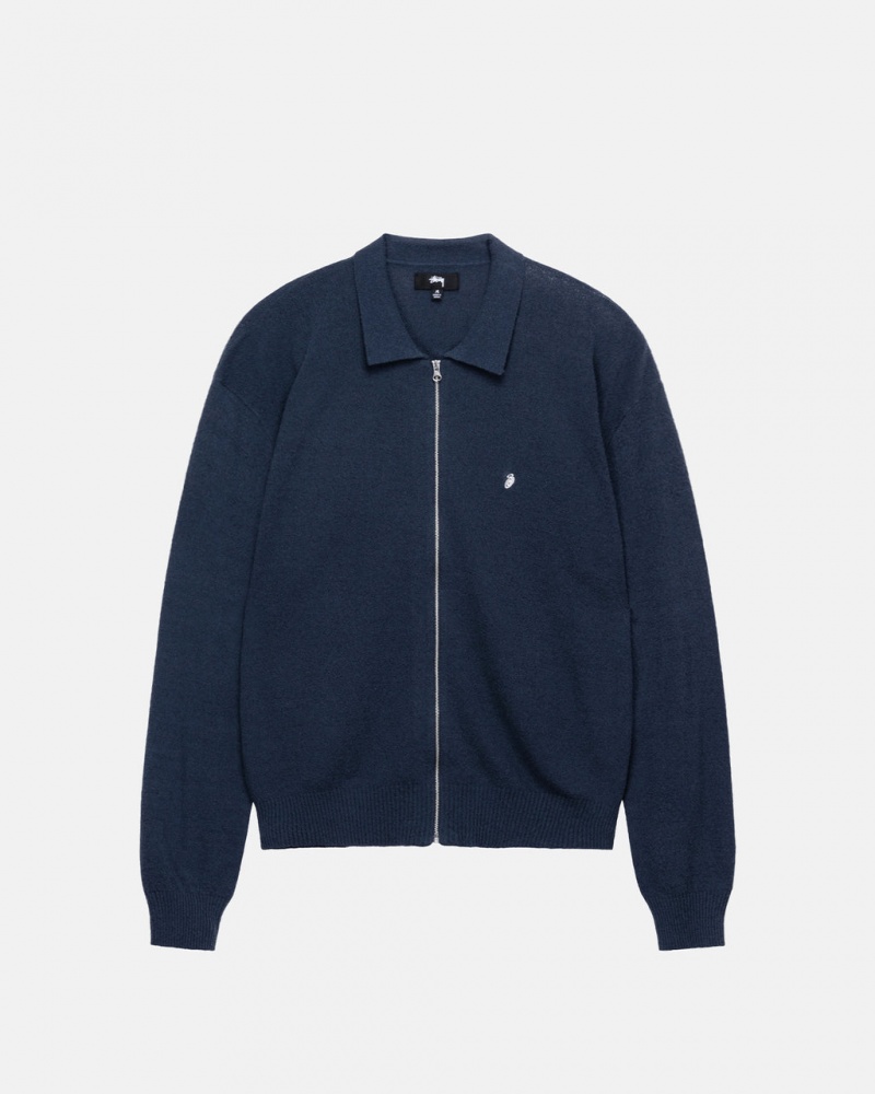 Men Stussy Light Weight Ls Zip Polo Shirts Navy Australia | KXE-5850