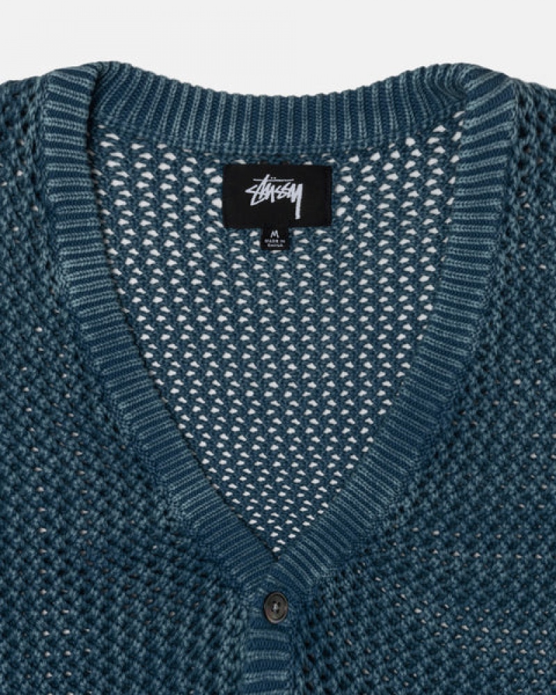 Men Stussy Loose Gauge Cardigan Sweaters Blue Australia | MGD-6422