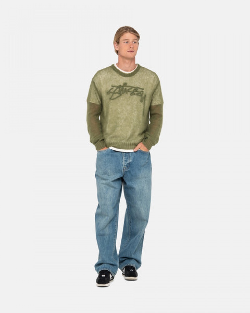 Men Stussy Loose Knit Sweaters Olive Australia | EFF-8792