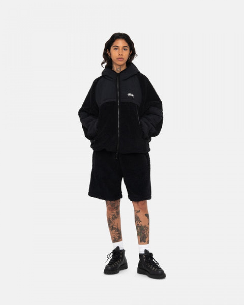 Men Stussy Sherpa Paneled Hooded Jackets Black Australia | UIL-0405