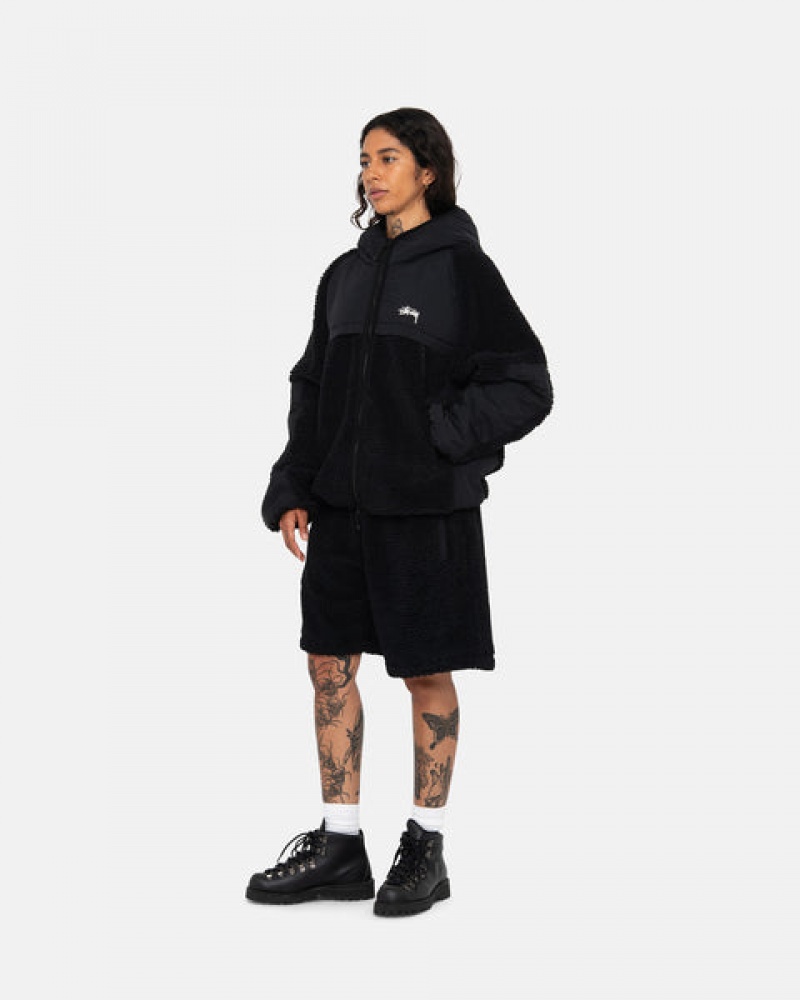 Men Stussy Sherpa Paneled Hooded Jackets Black Australia | UIL-0405