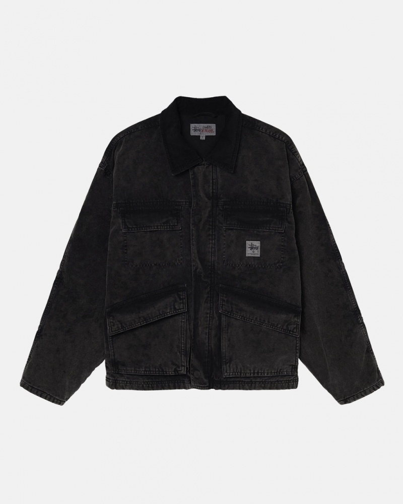 Men Stussy Shop Jacket Washed Canvas Jackets Black Australia | BKK-9588