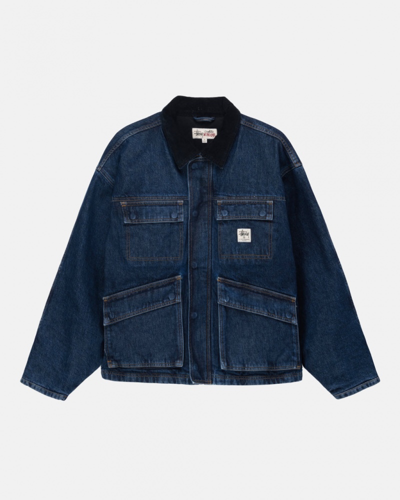 Men Stussy Shop Jacket Washed Denim Jackets Blue Australia | UMR-8989