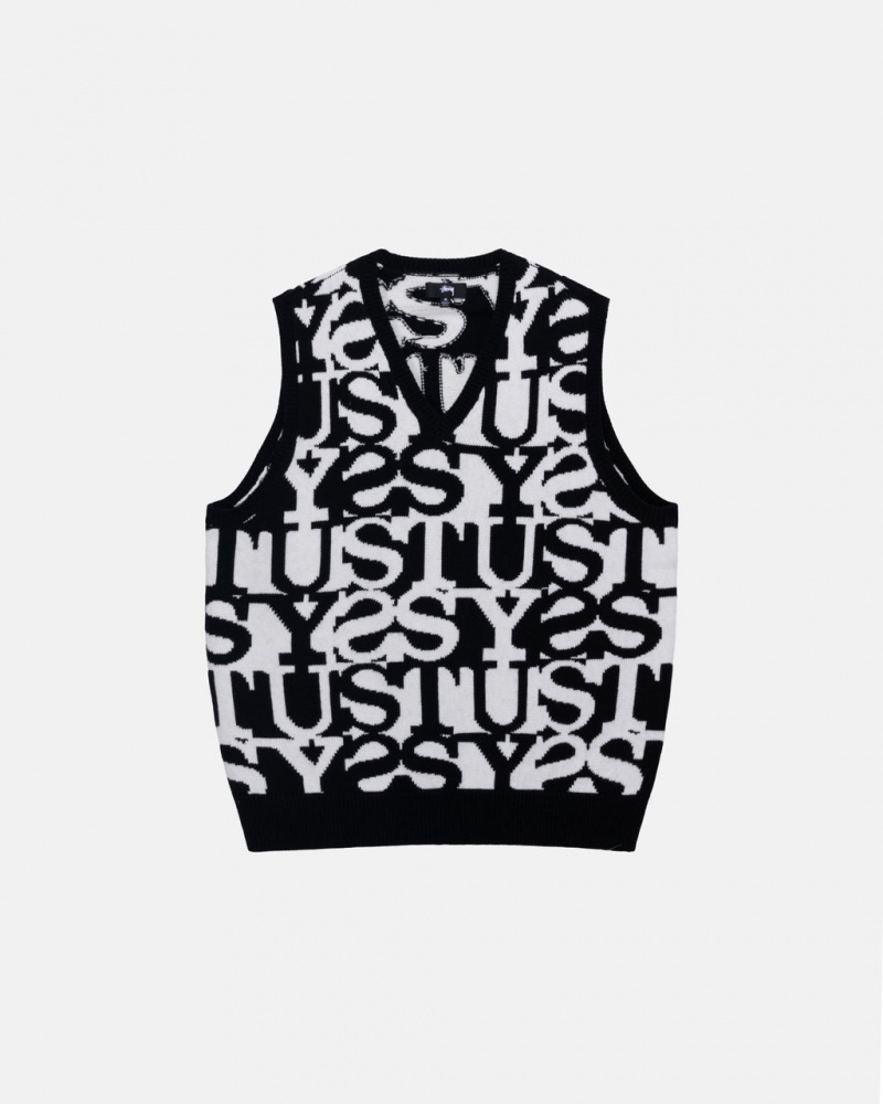 Men Stussy Stacked Sweater Vest Sweaters White / Black Australia | MHH-6396