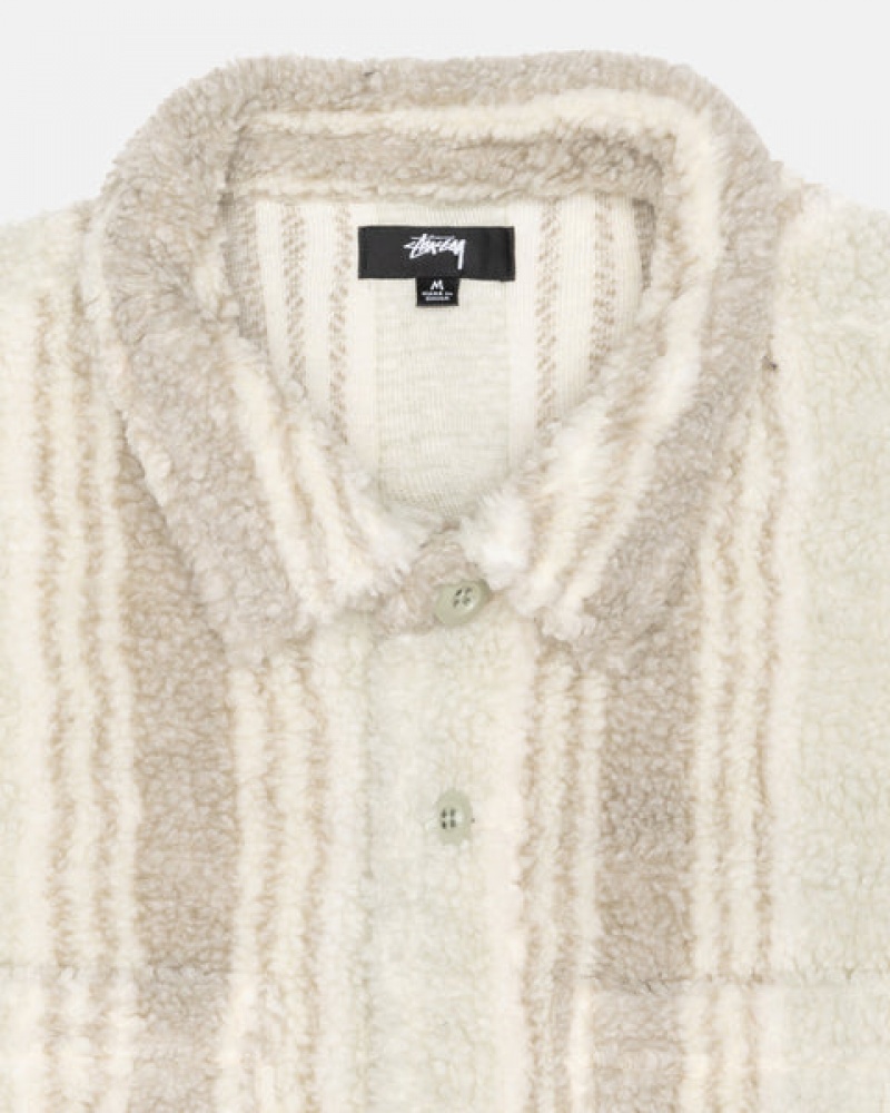 Men Stussy Striped Sherpa Shirt Jackets Beige Australia | KAR-8955