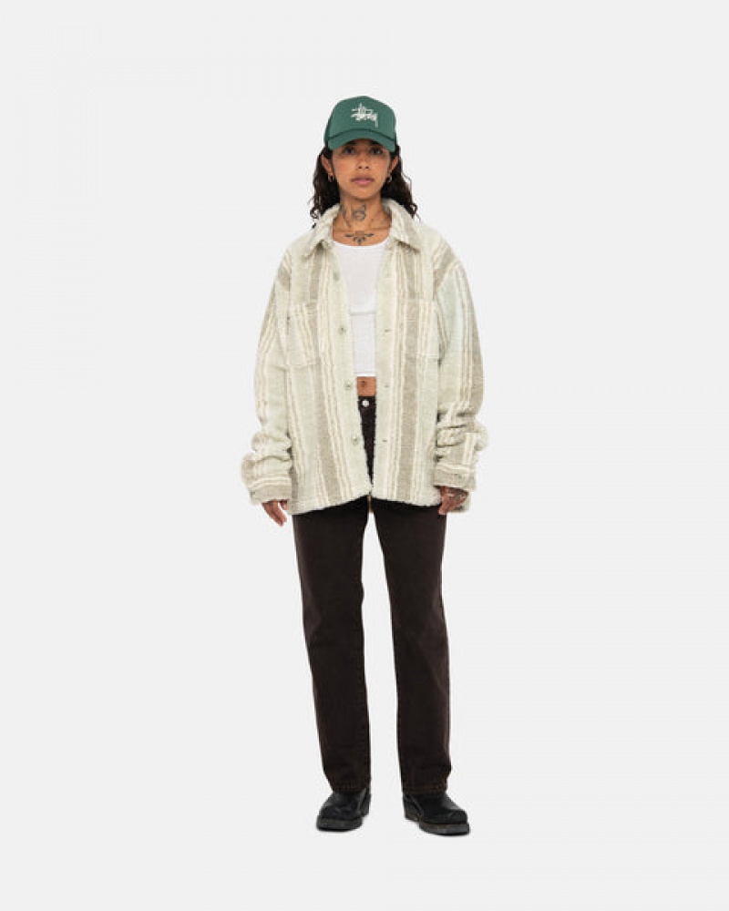 Men Stussy Striped Sherpa Shirt Jackets Beige Australia | KAR-8955