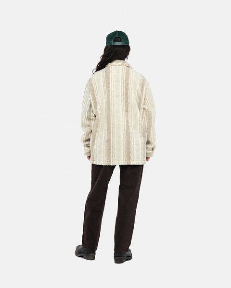 Men Stussy Striped Sherpa Shirt Jackets Beige Australia | KAR-8955