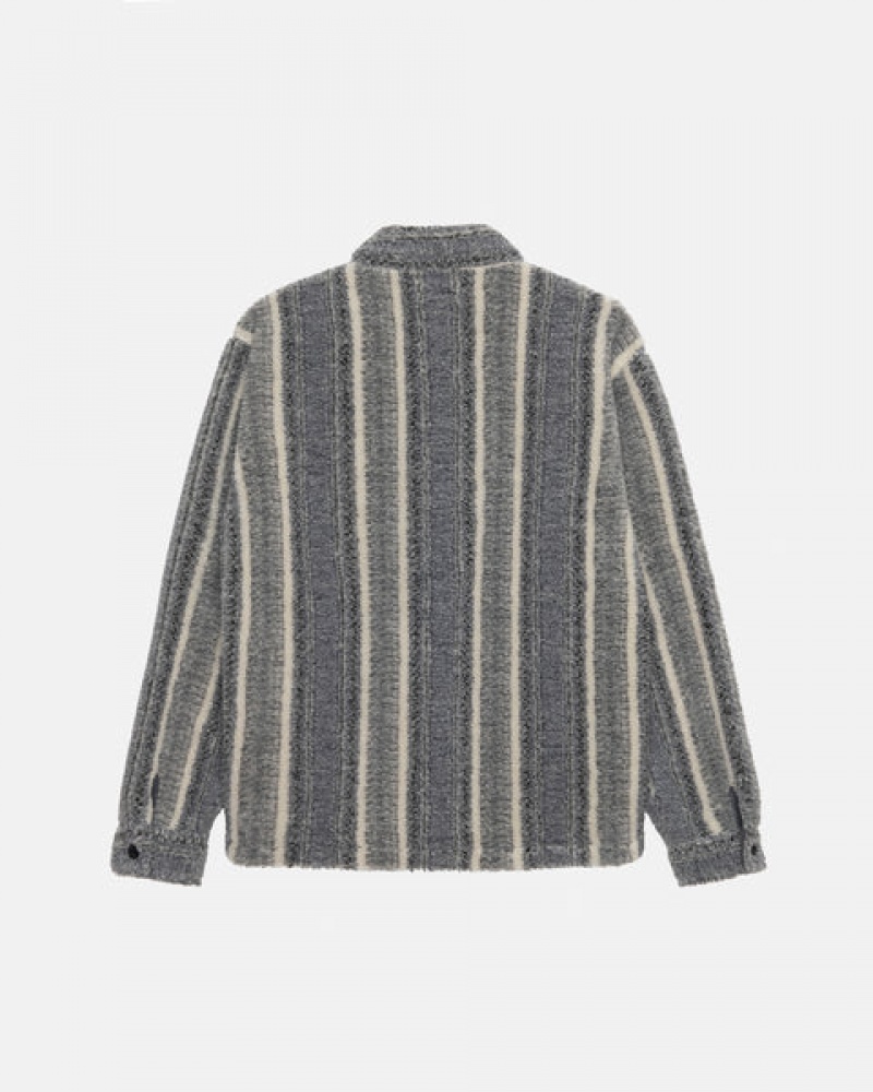 Men Stussy Striped Sherpa Shirt Jackets Charcoal Australia | AQL-2520