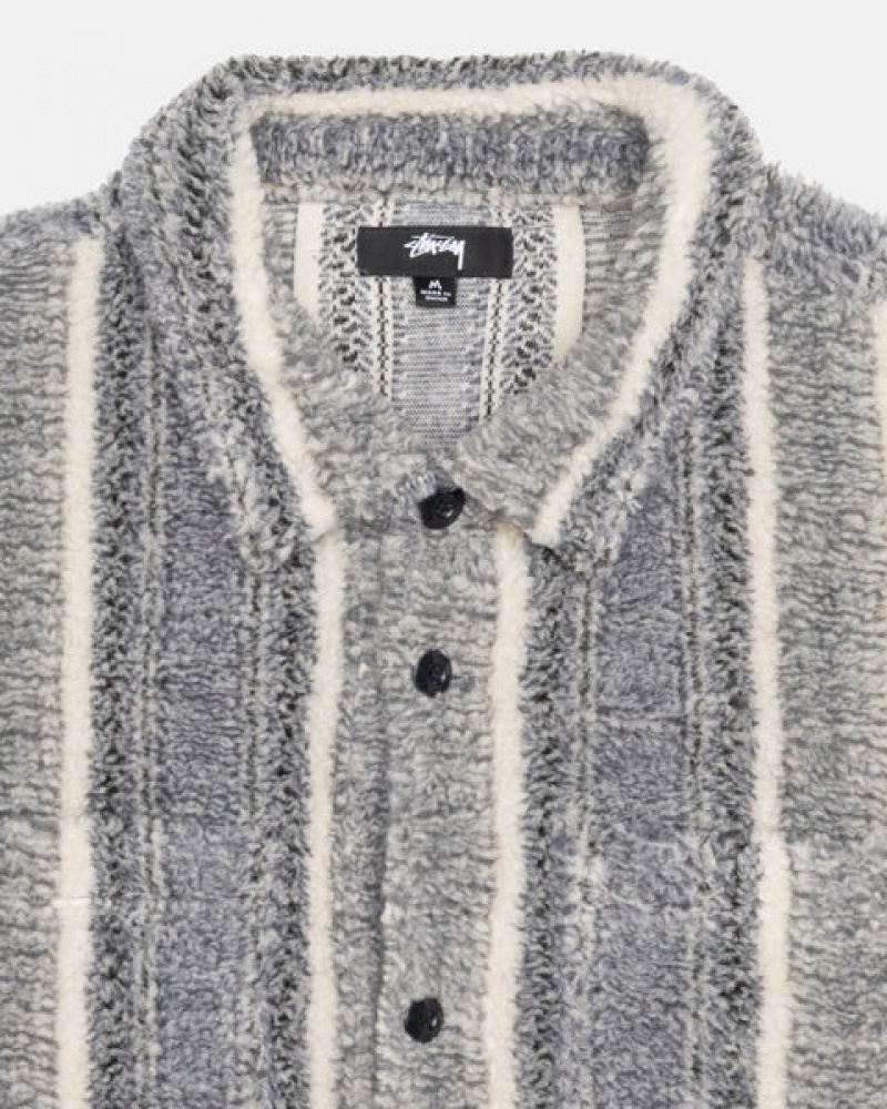 Men Stussy Striped Sherpa Shirt Jackets Charcoal Australia | AQL-2520