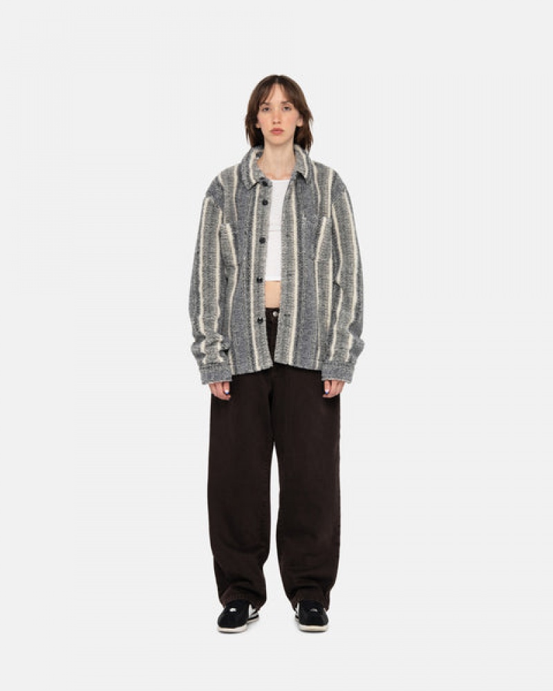 Men Stussy Striped Sherpa Shirt Jackets Charcoal Australia | AQL-2520