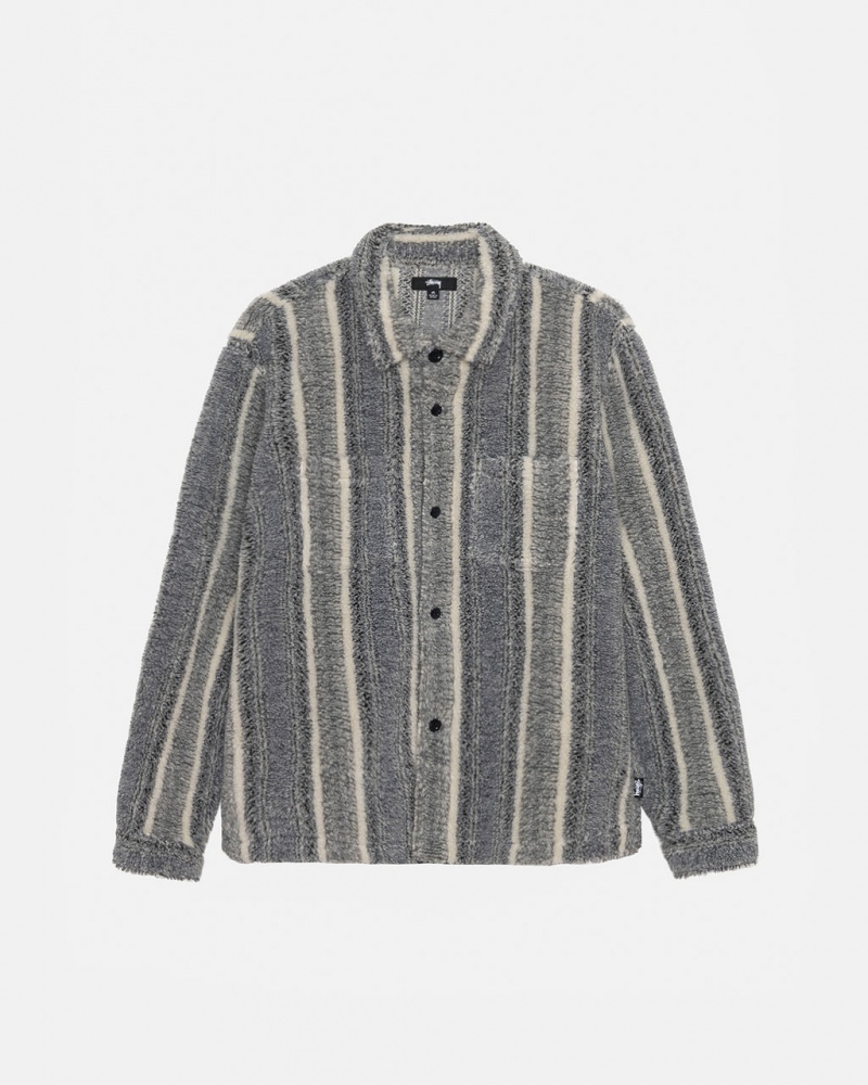 Men Stussy Striped Sherpa Shirt Jackets Charcoal Australia | AQL-2520