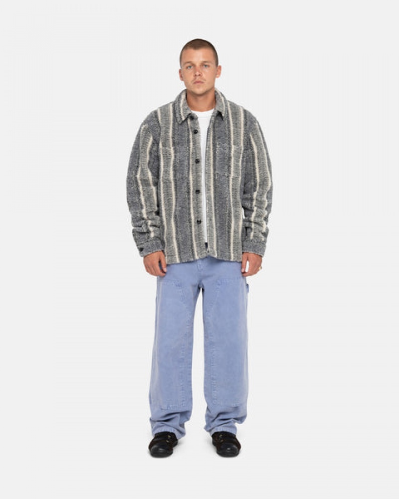 Men Stussy Striped Sherpa Shirts Charcoal Australia | KTM-4258