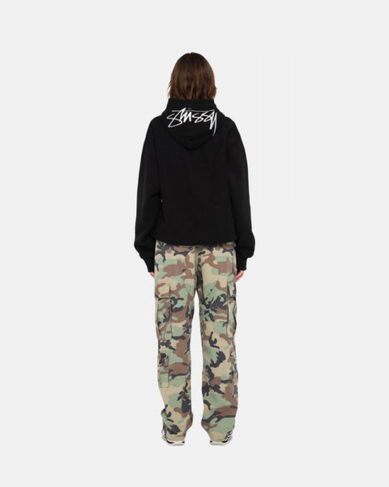 Women Stussy Back Hood Applique Hoodie Black Australia | AHB-8022