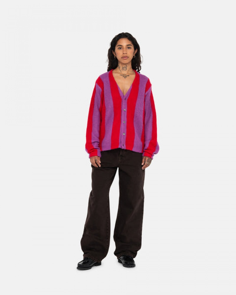 Women Stussy Stripe Brushed Cardigan Sweaters Purple Australia | XKS-1691