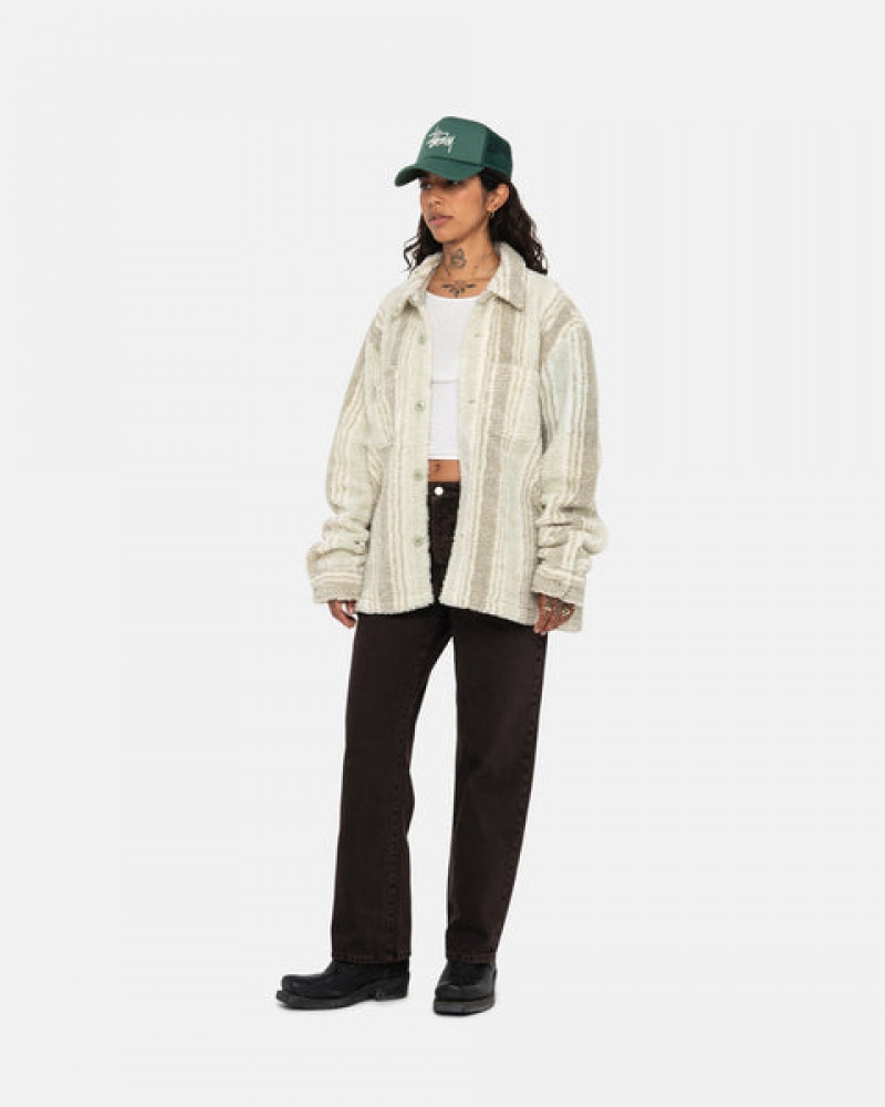 Women Stussy Striped Sherpa Shirt Jackets Beige Australia | PPP-7514