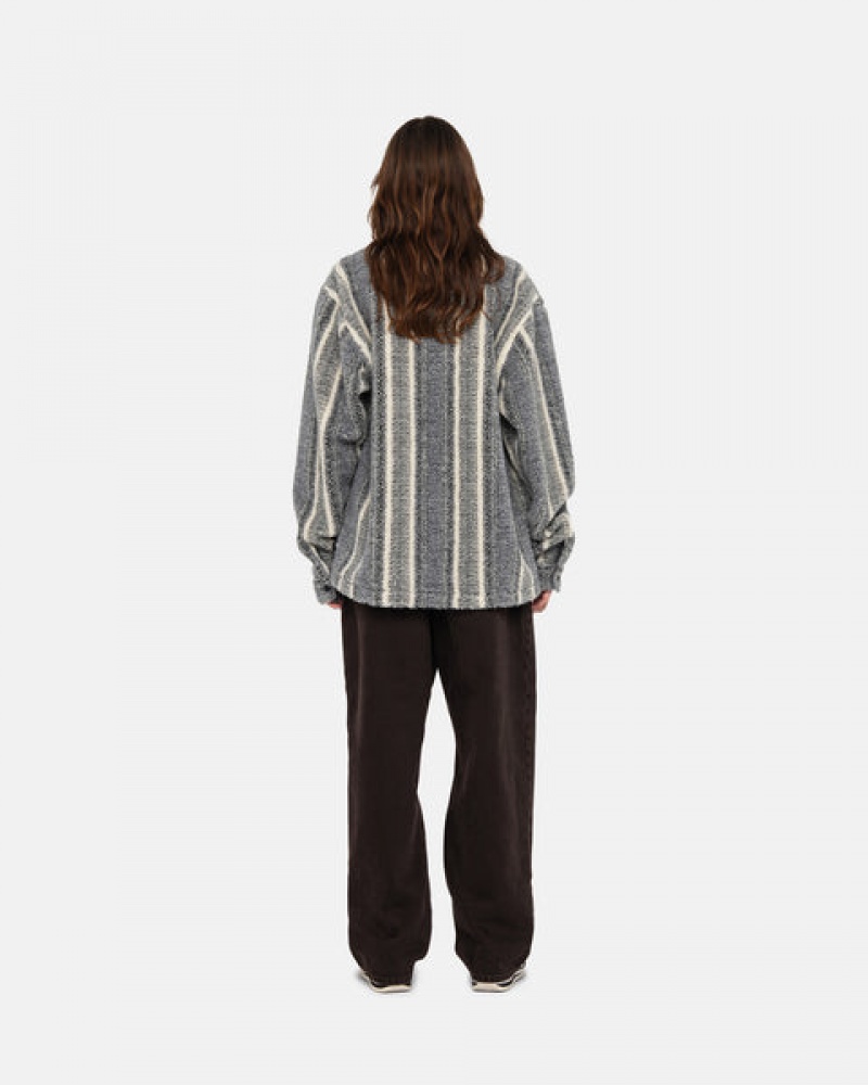 Women Stussy Striped Sherpa Shirt Jackets Charcoal Australia | NGZ-1279