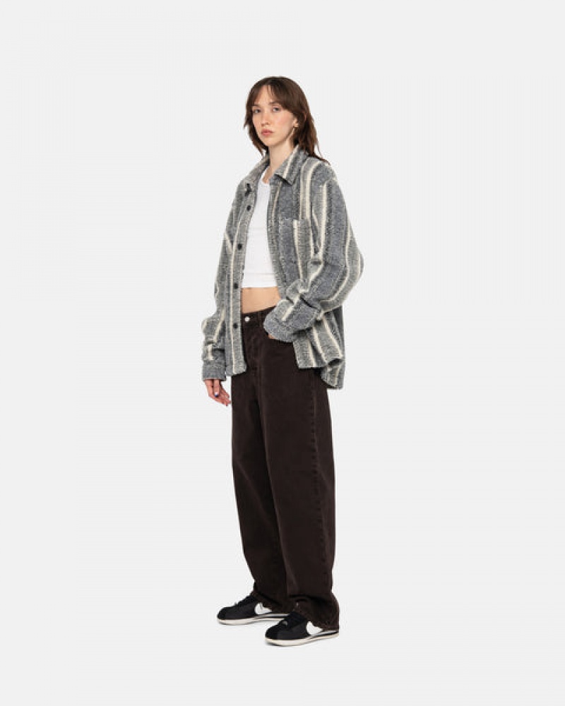 Women Stussy Striped Sherpa Shirt Jackets Charcoal Australia | NGZ-1279