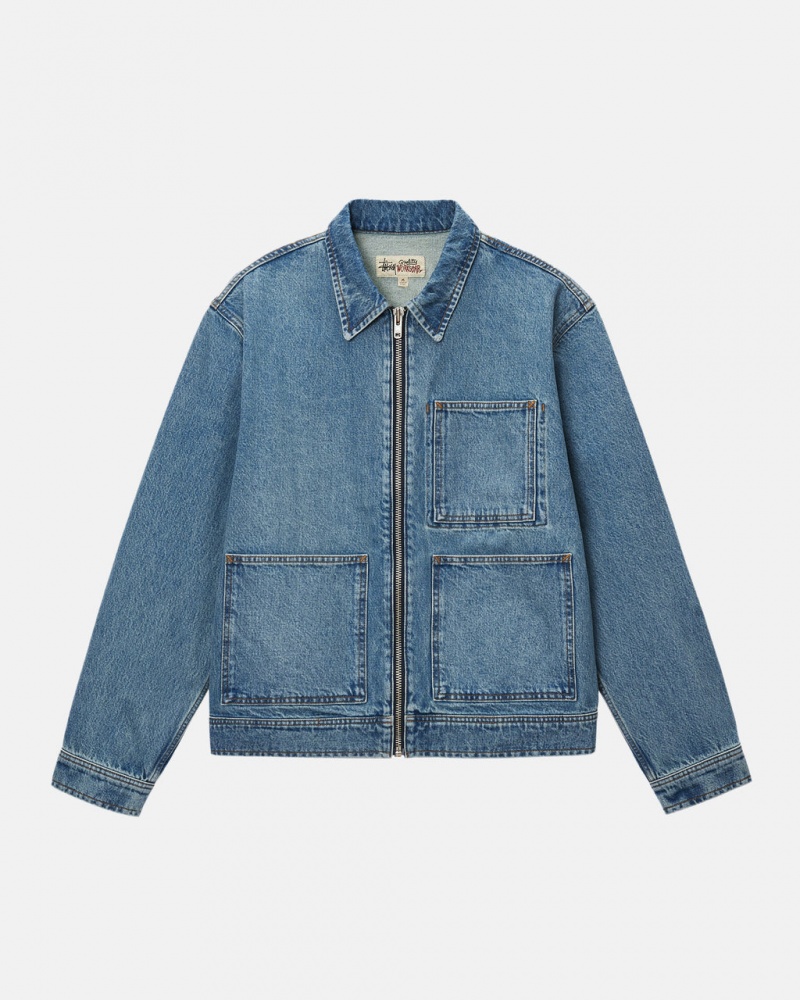 Women Stussy Zip Work Jacket Denim Jackets Blue Australia | FWR-7378